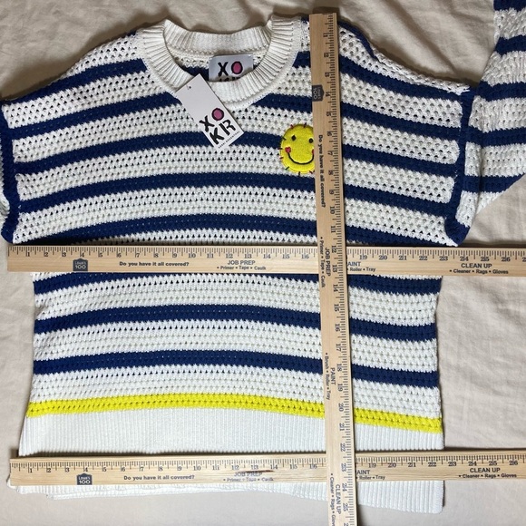 Kerri Rosenthal Smiley Face Sweater with Blue and Yellow Stripes | Anthropologie - Picture 4 of 11